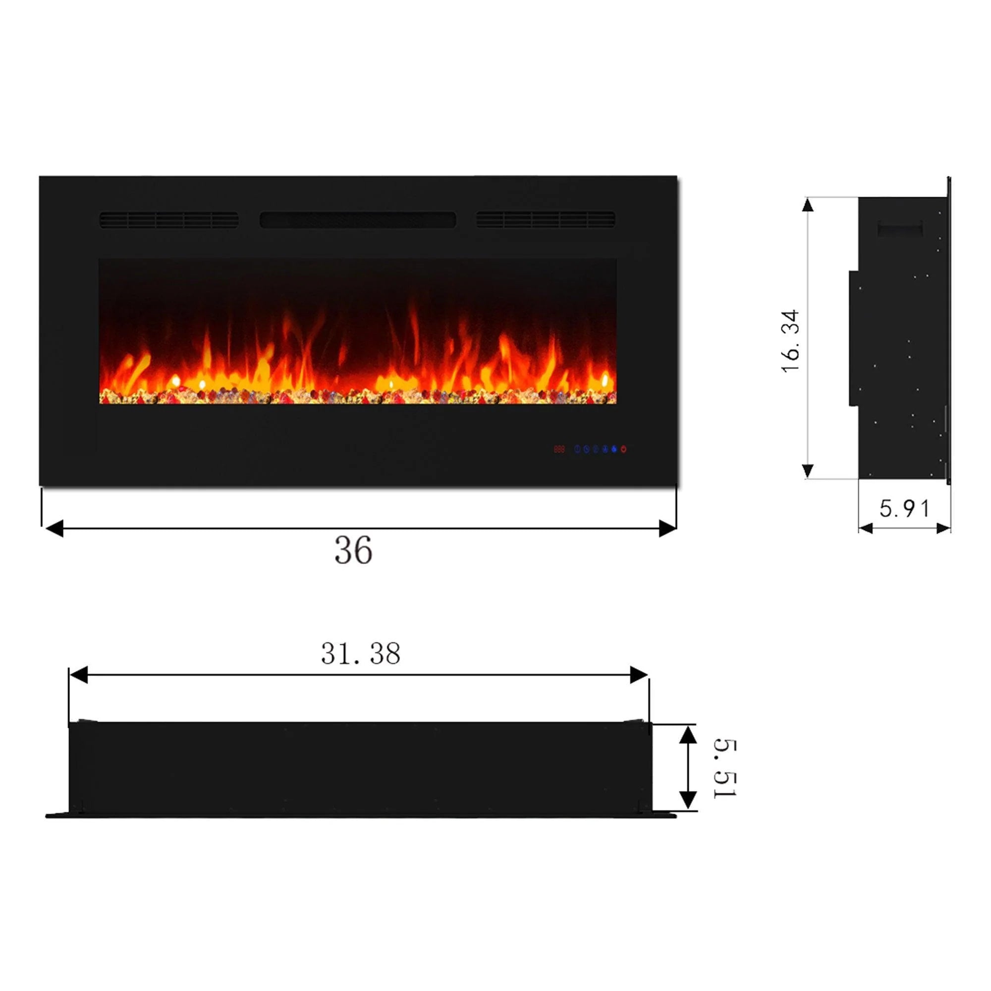 This electric fireplace supports recessed/wall mounting, with remote, touch screen, 13 flame colors, base lights - Vanub