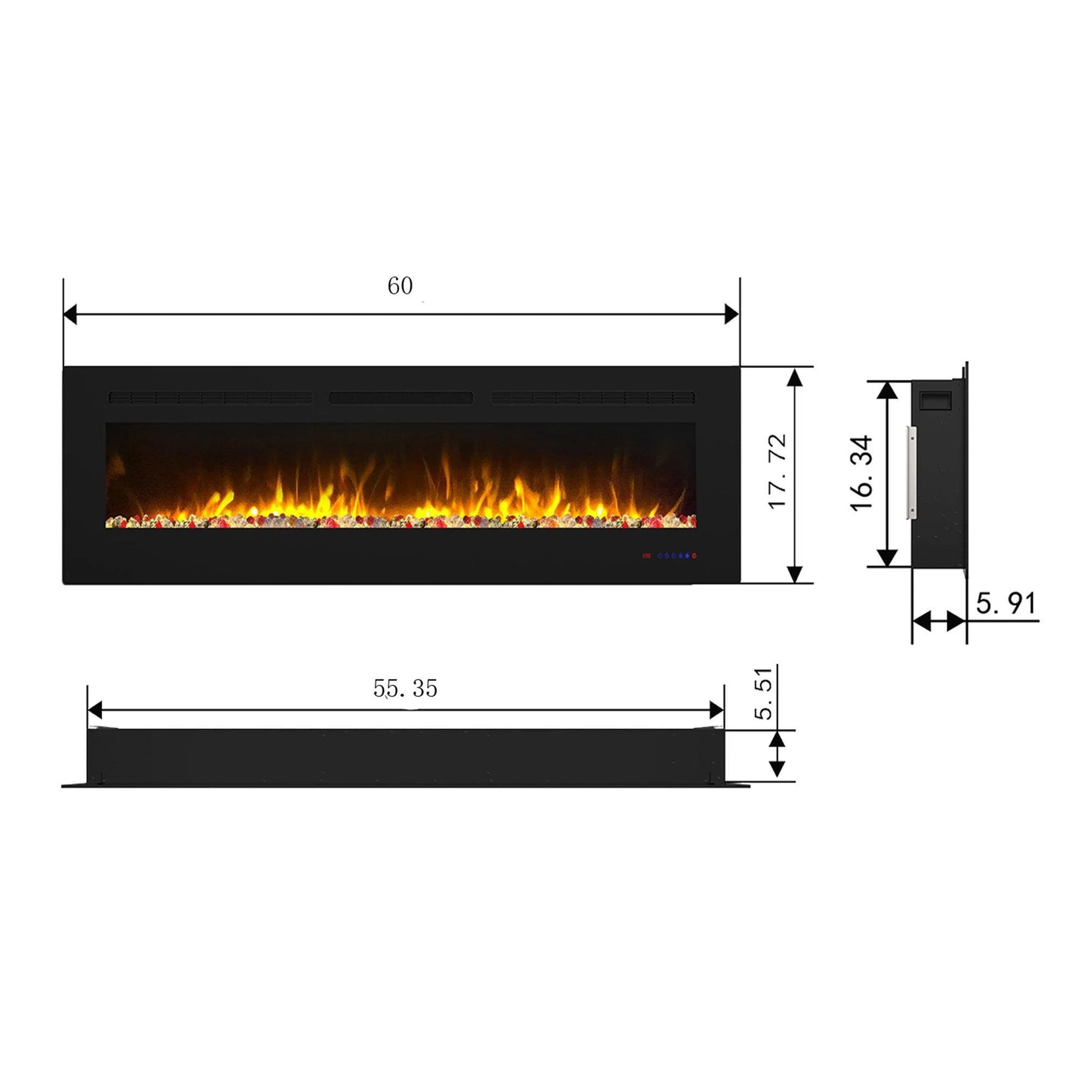 This electric fireplace supports recessed/wall mounting, with remote, touch screen, 13 flame colors, base lights - Vanub