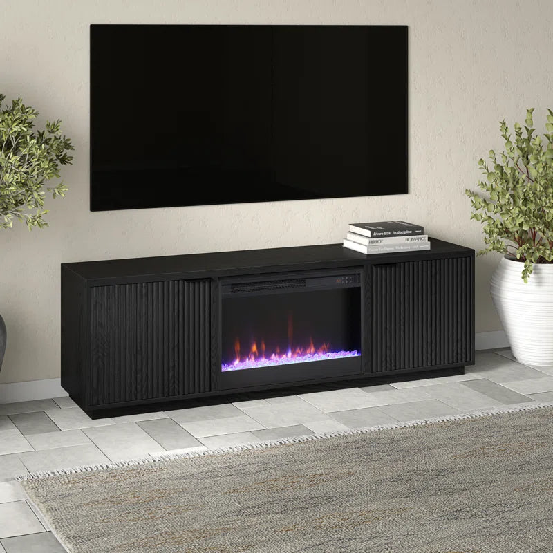 Black 70'' rectangular TV stand with a 26'' crystal fireplace, suitable for TVs up to 78 inches.