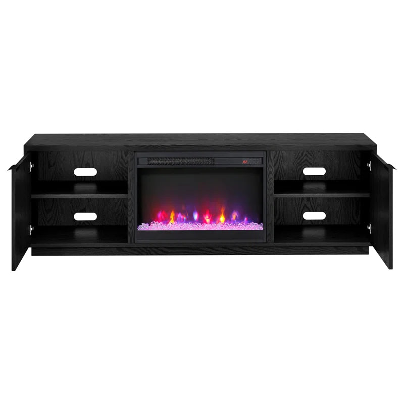 Black 70'' rectangular TV stand with a 26'' crystal fireplace, suitable for TVs up to 78 inches.