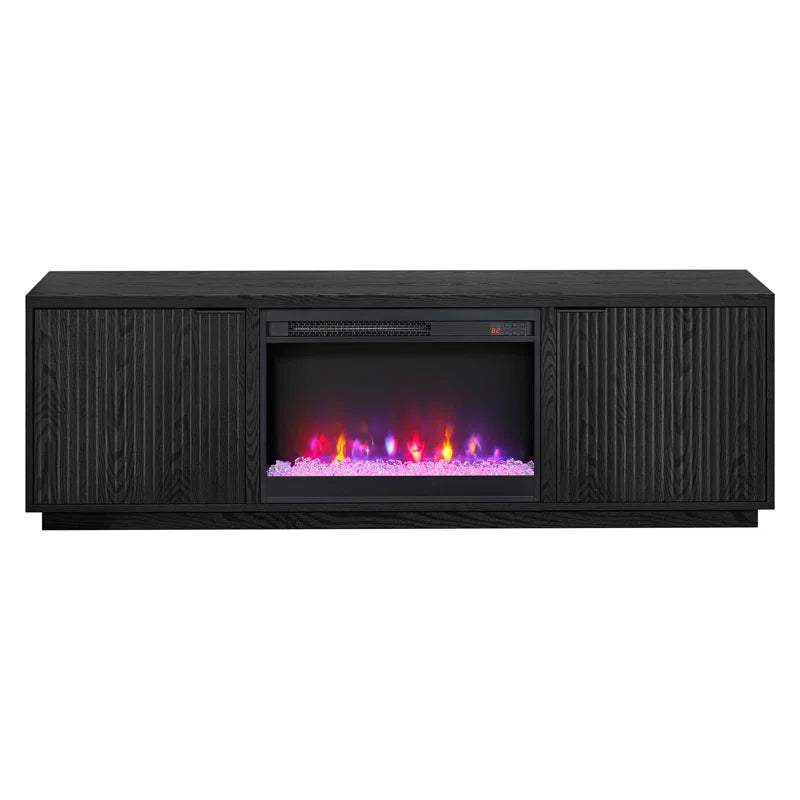 Black 70'' rectangular TV stand with a 26'' crystal fireplace, suitable for TVs up to 78 inches.