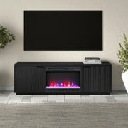 Black 70'' rectangular TV stand with a 26'' crystal fireplace, suitable for TVs up to 78 inches.