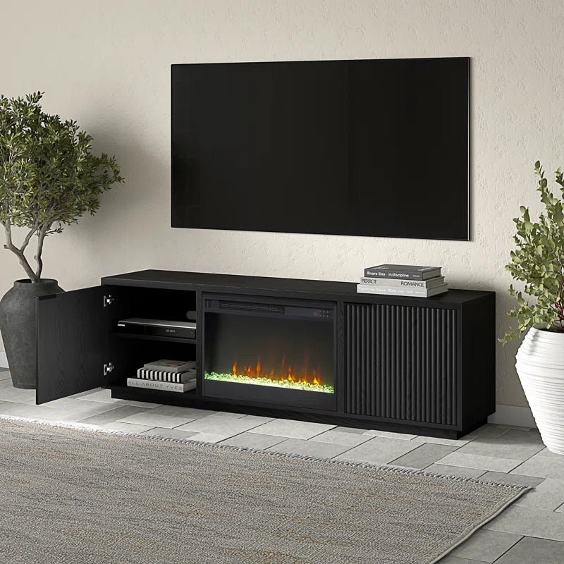 Black 70'' rectangular TV stand with a 26'' crystal fireplace, suitable for TVs up to 78 inches.