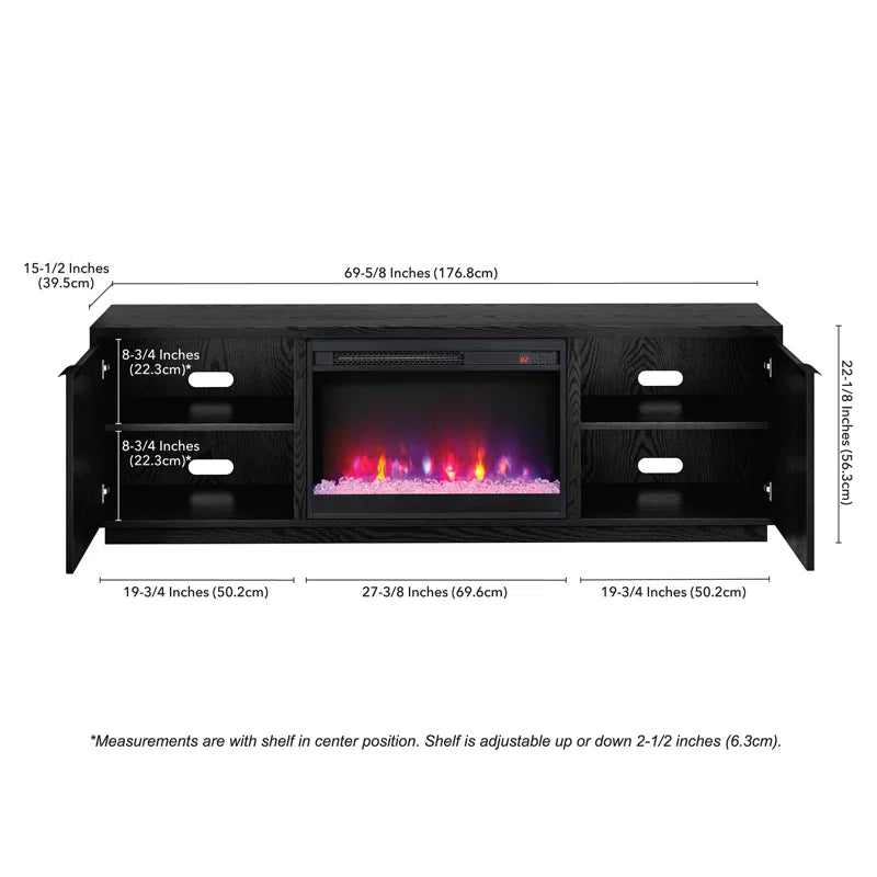 Black 70'' rectangular TV stand with a 26'' crystal fireplace, suitable for TVs up to 78 inches.