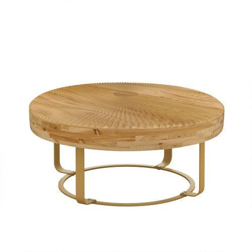 31.5in Modern Round Carved Wood Coffee Table, Metal Legs, Gold Finish