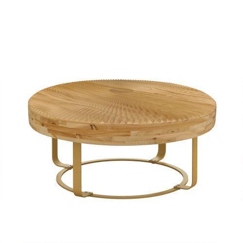 31.5" Modern Round Carved Wood Coffee Table, Metal Legs, Gold - Vanub