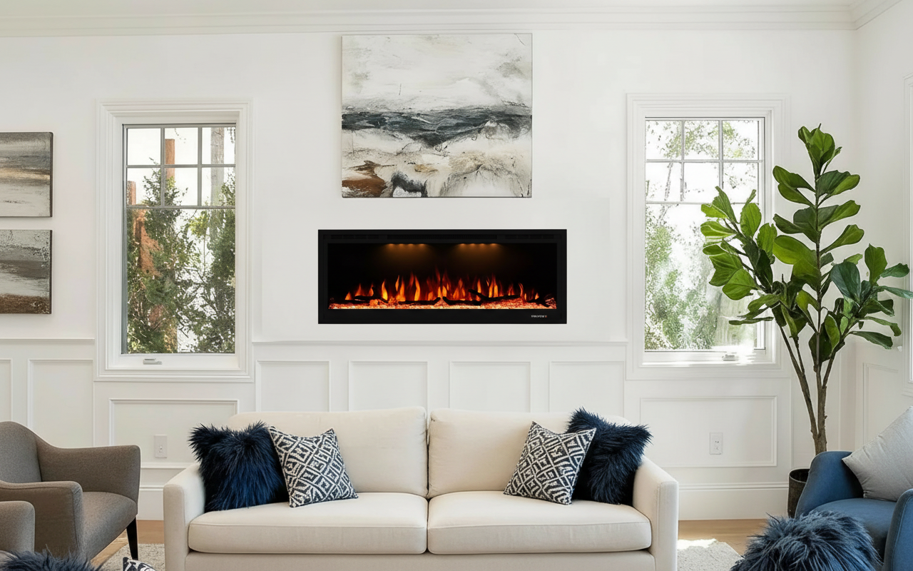 42 inch Electric Fireplace, Available For Recessed And Wall Mounting, Supports App/Remote/Voice Control (Alexa/Google Home) - Vanub