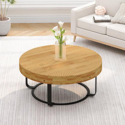 31.5in Modern Round Carved Wood Coffee Table, Metal Legs, Gold Finish