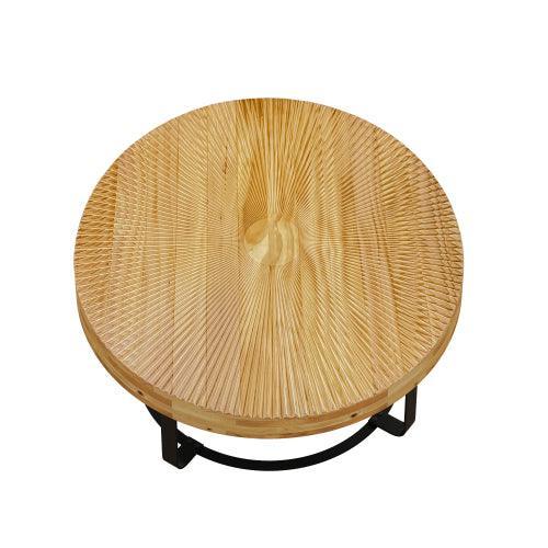 31.5in Modern Round Carved Wood Coffee Table, Metal Legs, Gold Finish