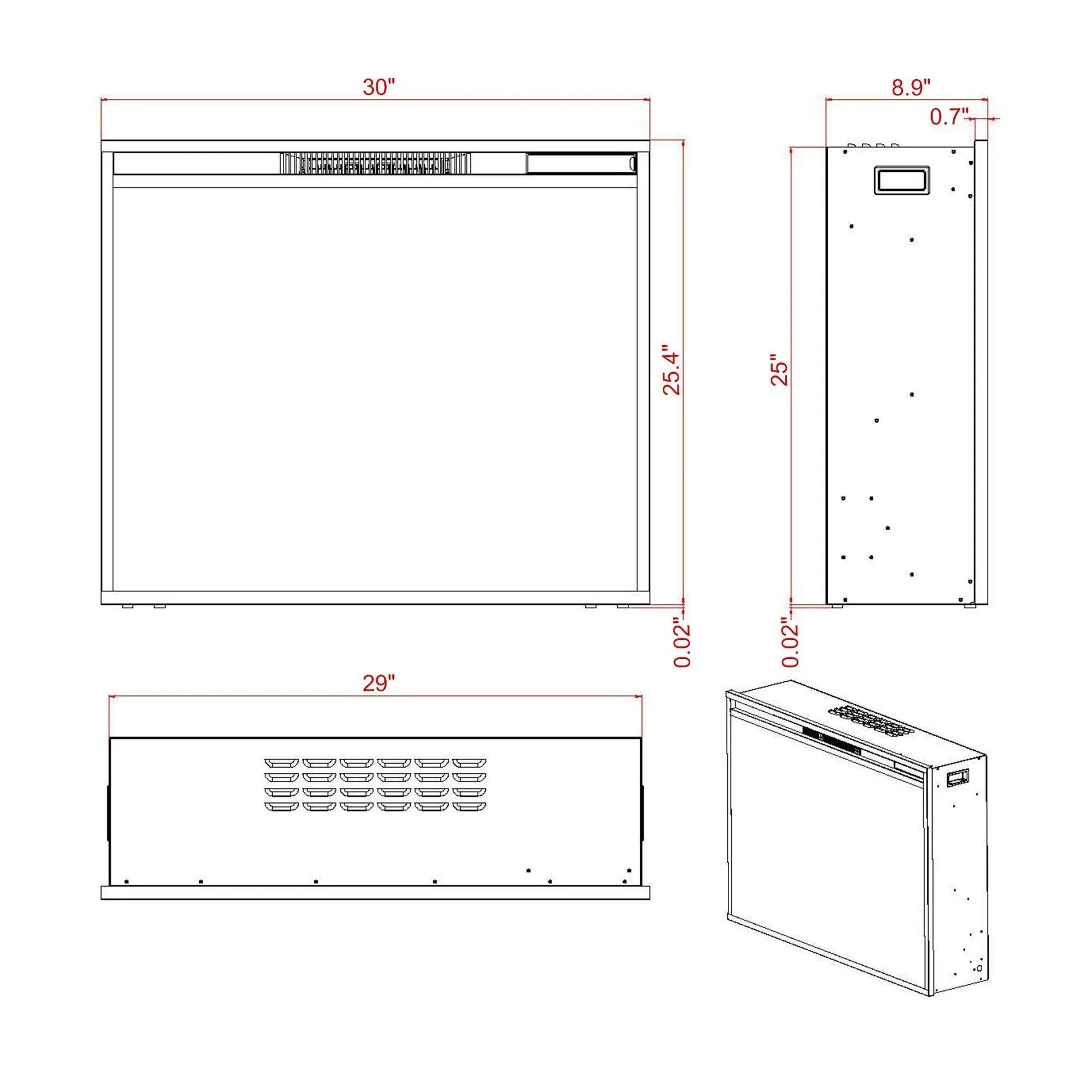 Black Electric Fireplace Heater Insert with Overheating Protection and Remote Control - Vanub