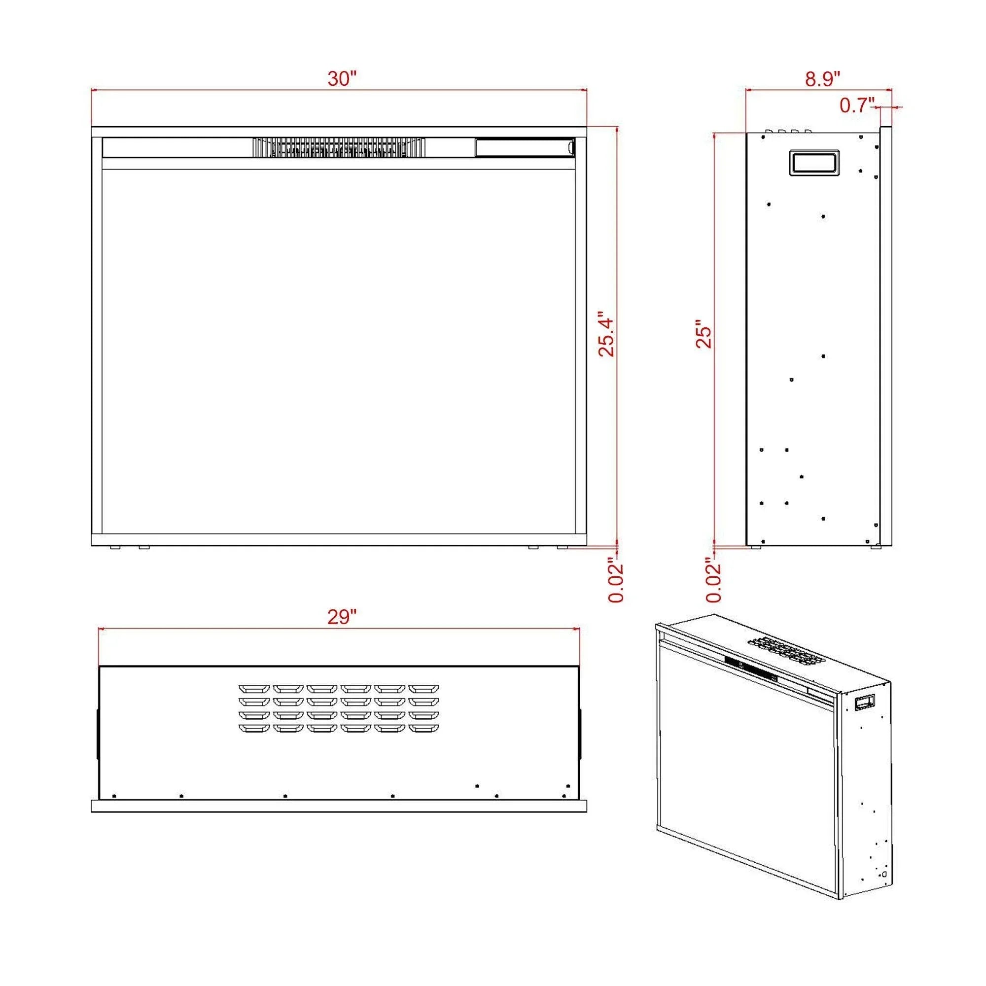 Black Electric Fireplace Heater Insert with Overheating Protection and Remote Control - Vanub