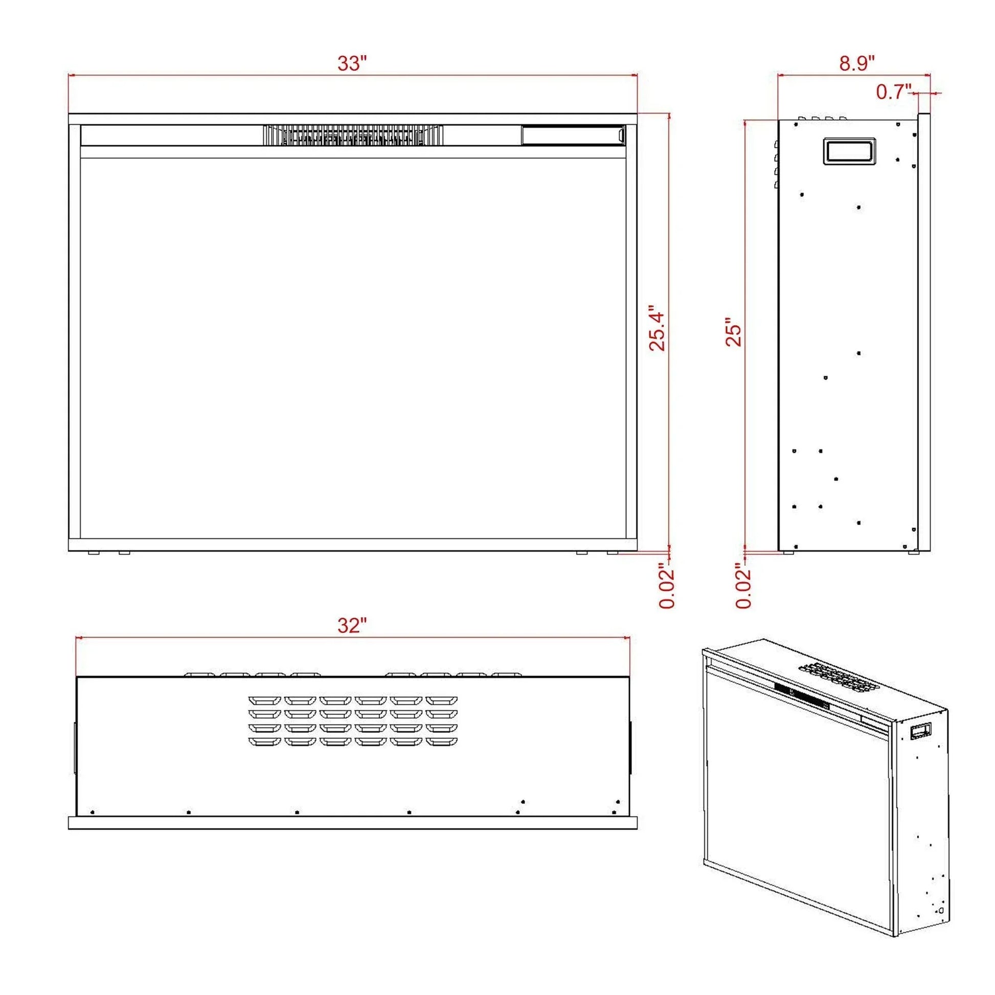 Black Electric Fireplace Heater Insert with Overheating Protection and Remote Control - Vanub