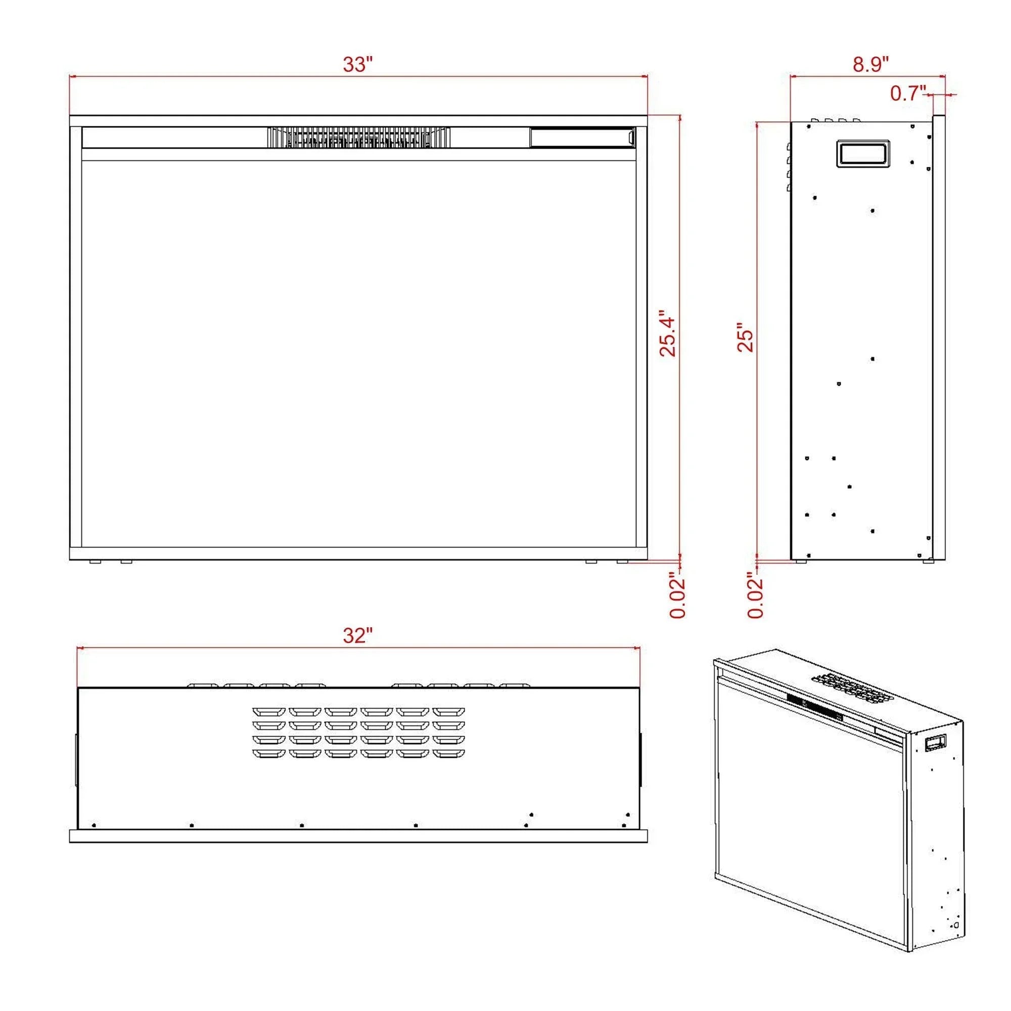 Black Electric Fireplace Heater Insert with Overheating Protection and Remote Control - Vanub