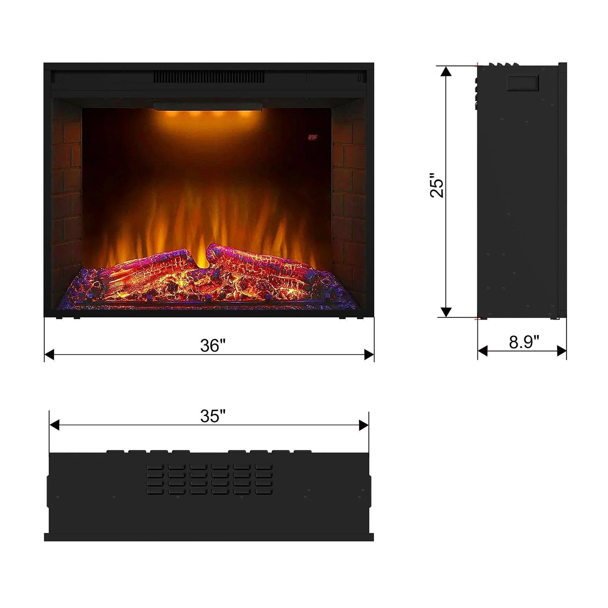 Black Electric Fireplace Heater Insert with Overheating Protection and Remote Control - Vanub