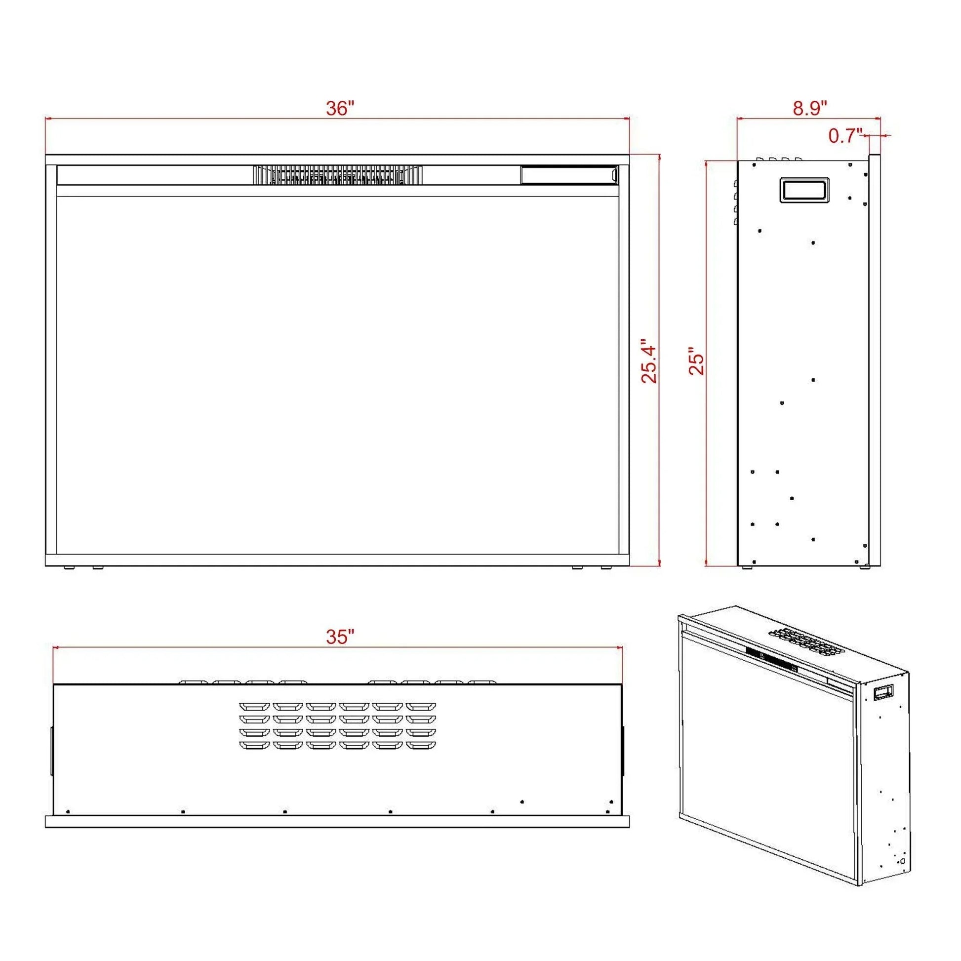 Black Electric Fireplace Heater Insert with Overheating Protection and Remote Control - Vanub