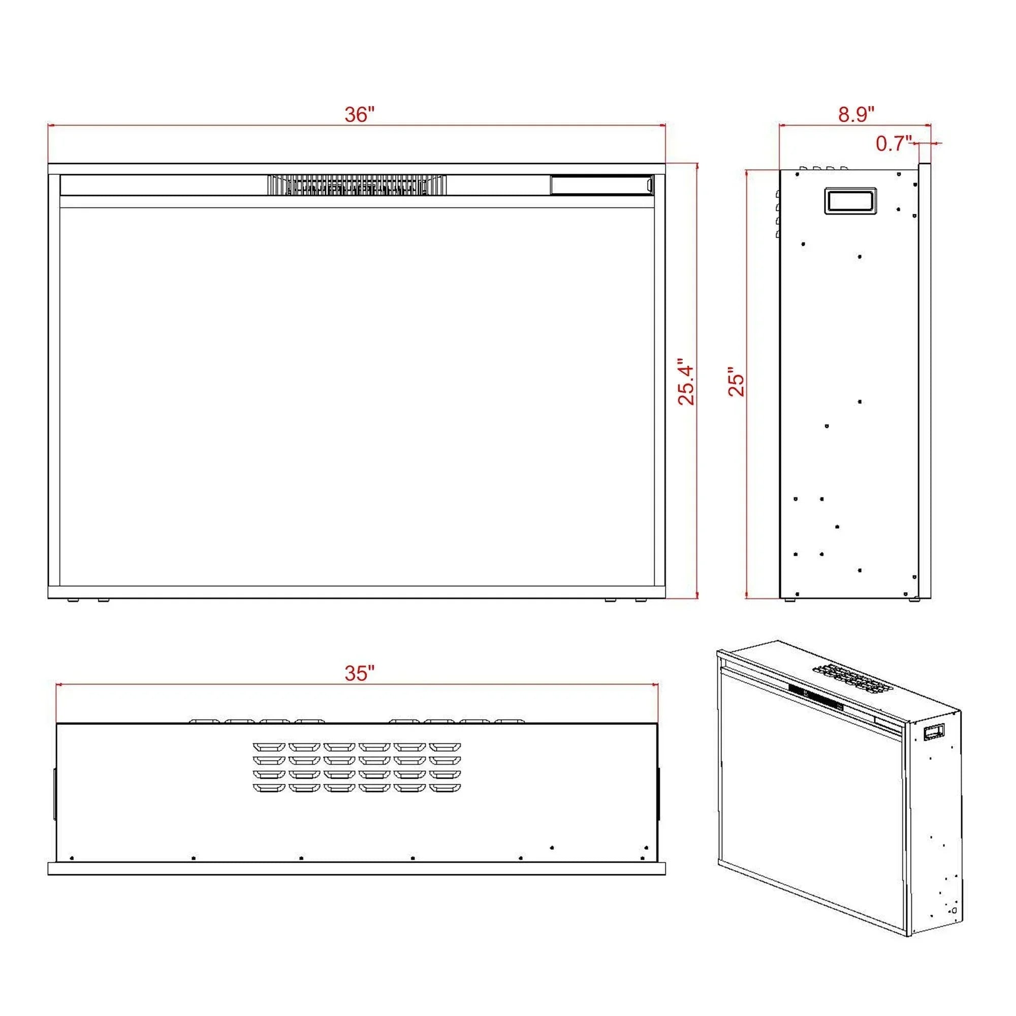 Black Electric Fireplace Heater Insert with Overheating Protection and Remote Control - Vanub