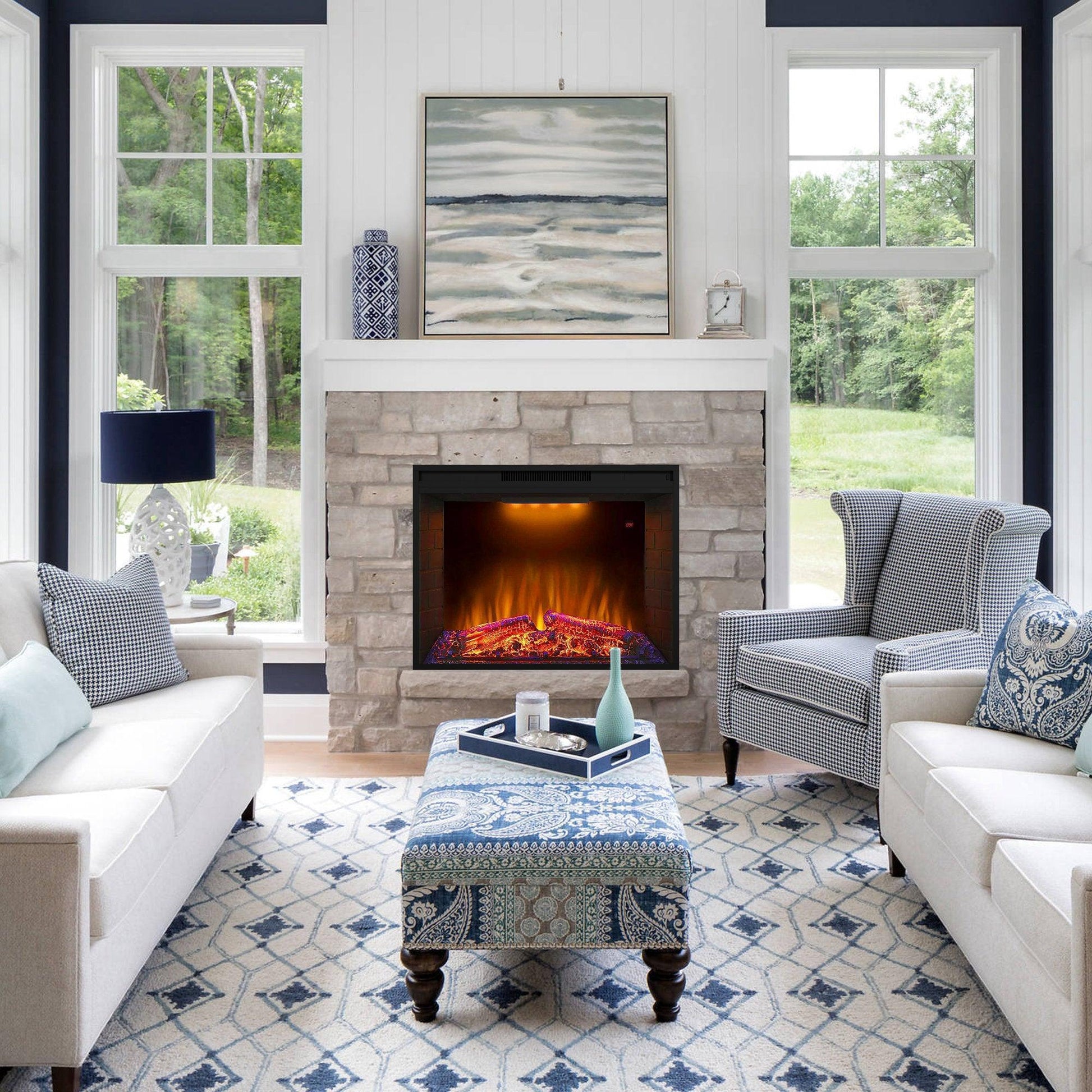 Black Electric Fireplace Heater Insert with Overheating Protection and Remote Control - Vanub