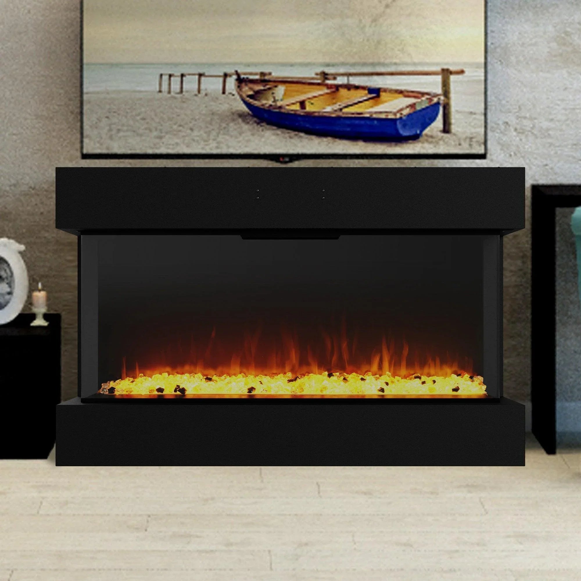 Black Recessed or Wall-Mount Electric 3-Color Flame with LED Light Fireplace - Vanub