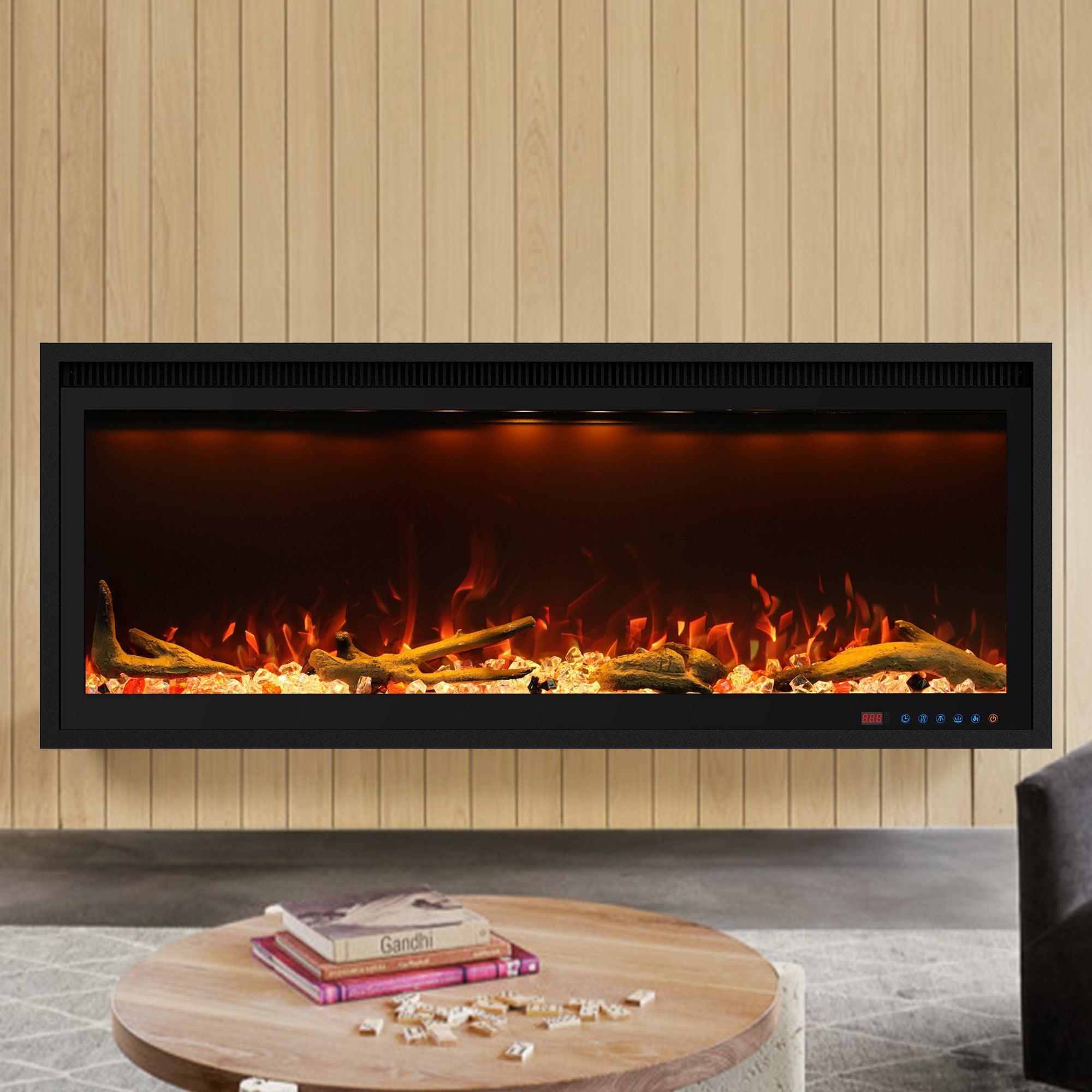 Black Wall-Mount Electric Fireplace Timer 3-Color Flame with LED Light, Smart APP Control - Vanub
