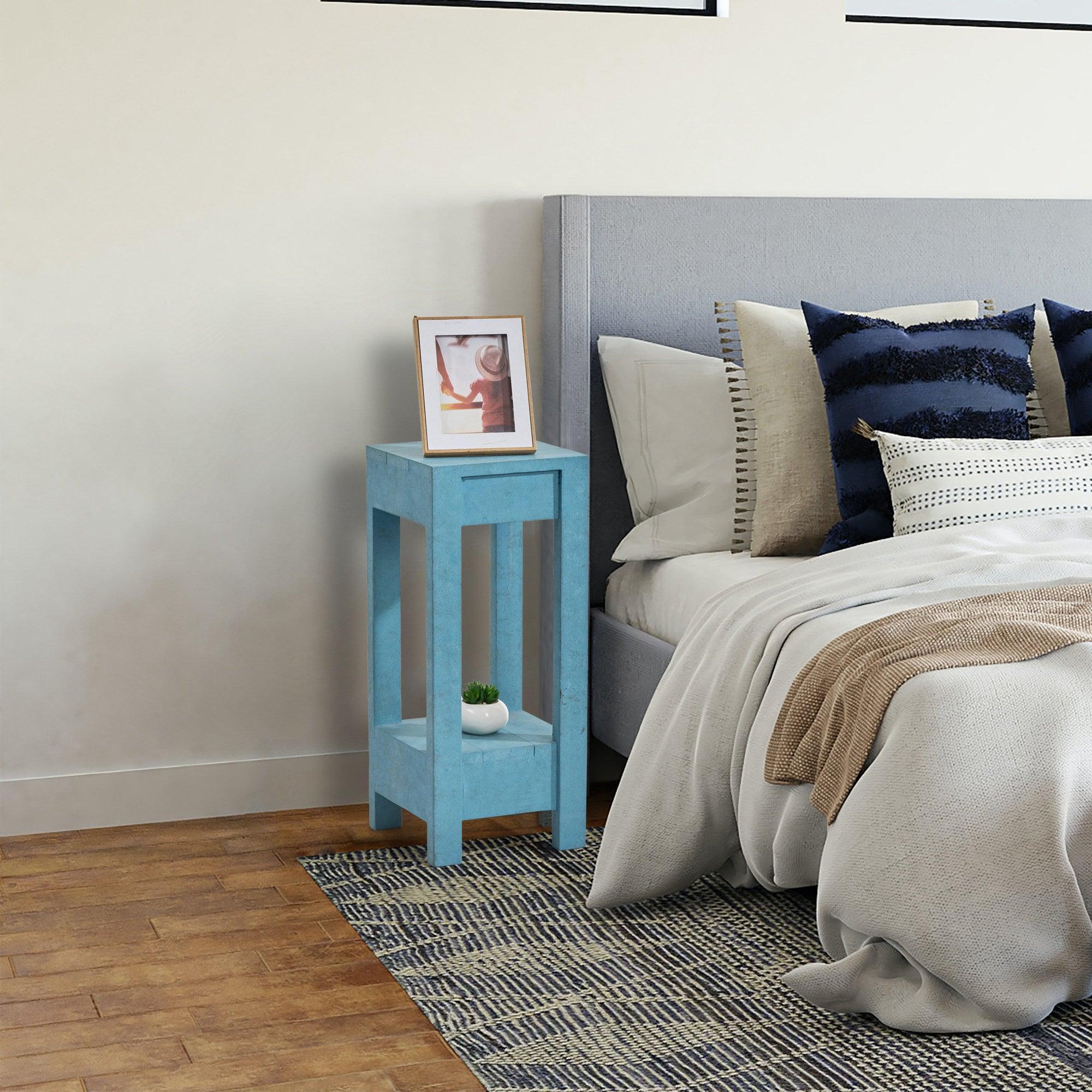 Blue Rectangle Wood Side Table, Modern Compact Accent