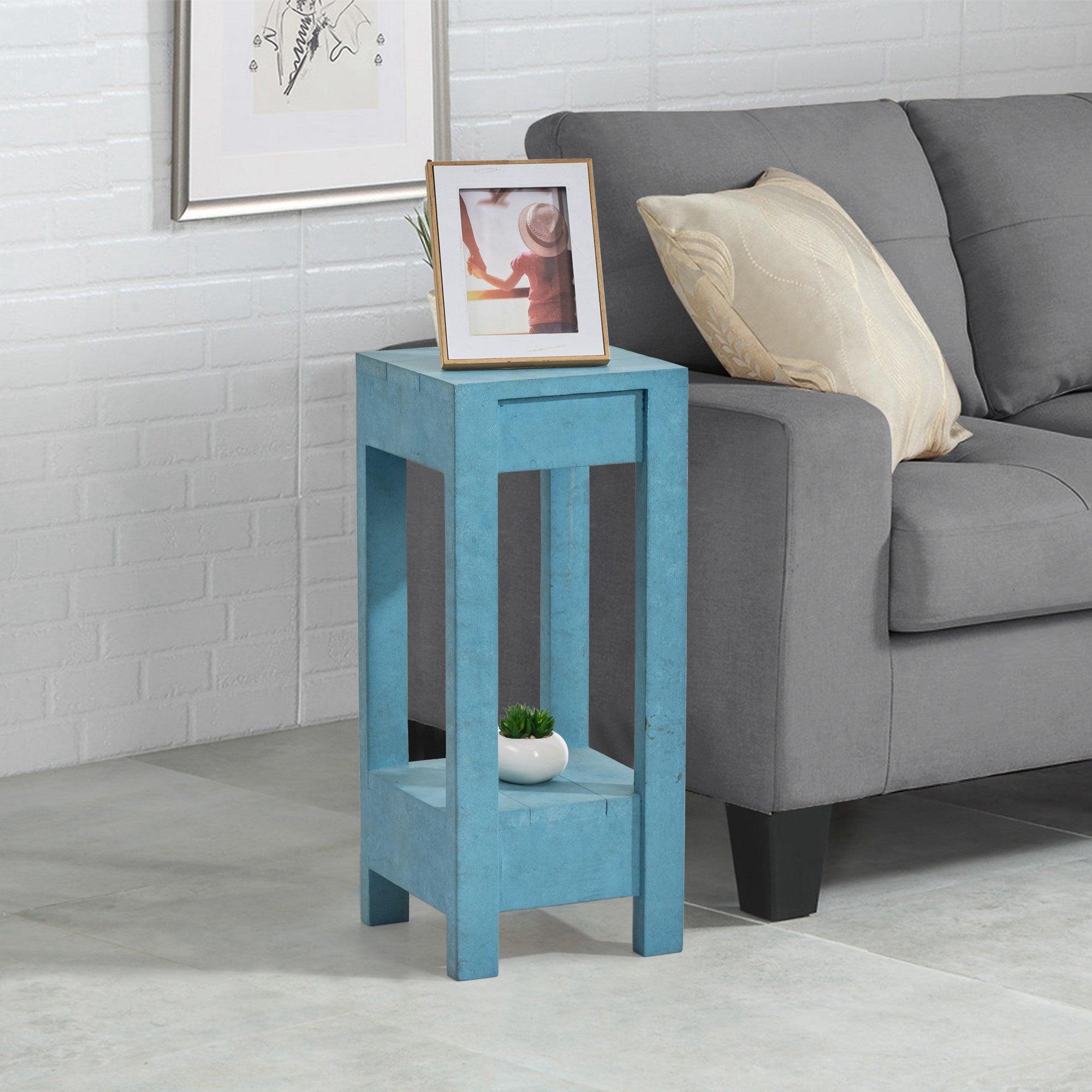 Blue Rectangle Wood Side Table, Modern Compact Accent