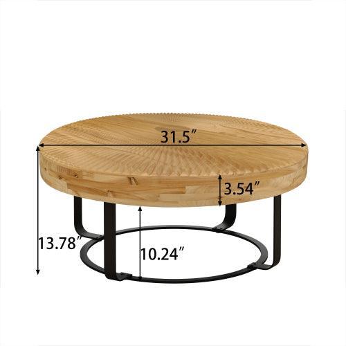 31.5in Modern Round Carved Wood Coffee Table, Metal Legs, Gold Finish