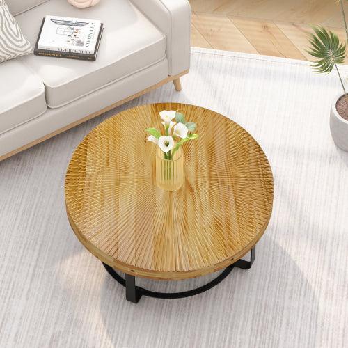 31.5in Modern Round Carved Wood Coffee Table, Metal Legs, Gold Finish