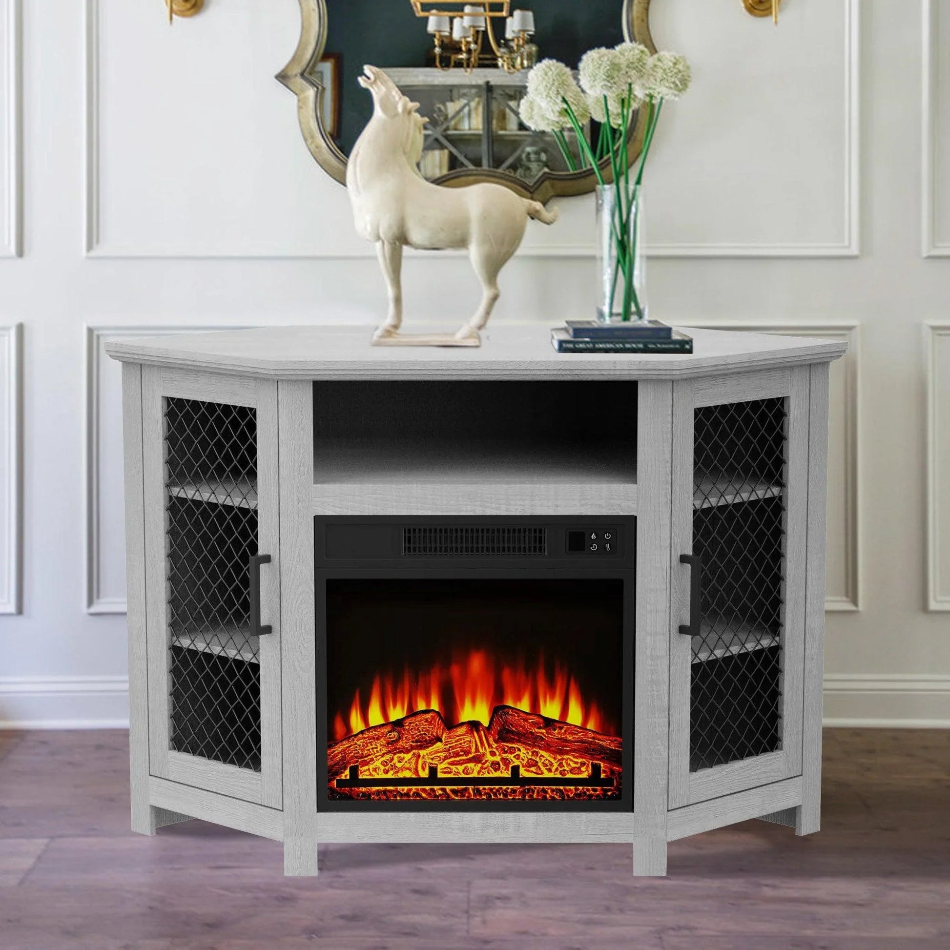 Parrot Uncle Furniture 45" Corner Electric Fireplace TV Stands Console Table with 2 Metal Mesh Doors - ParrotUncle
