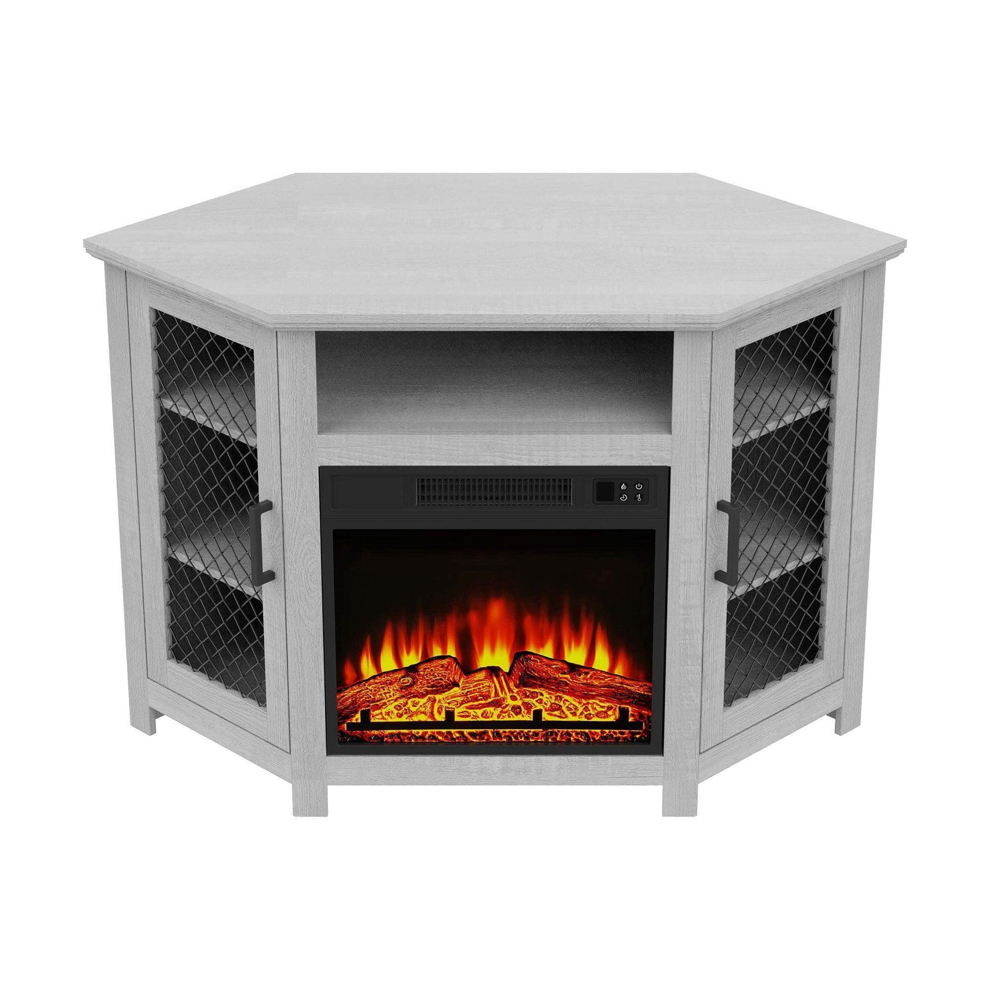 Parrot Uncle Furniture 45" Corner Electric Fireplace TV Stands Console Table with 2 Metal Mesh Doors - ParrotUncle