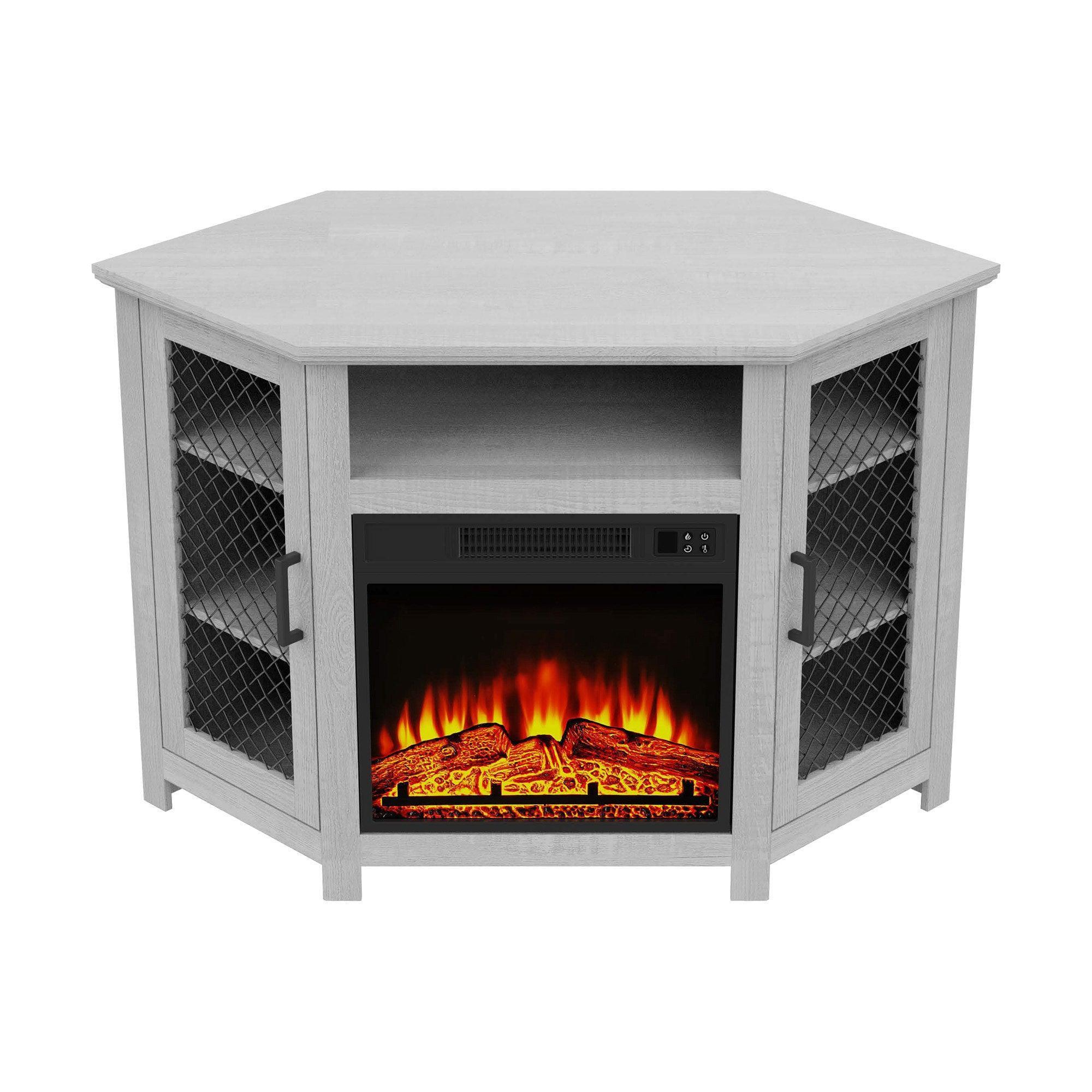 Parrot Uncle Furniture 45" Corner Electric Fireplace TV Stands Console Table with 2 Metal Mesh Doors - ParrotUncle