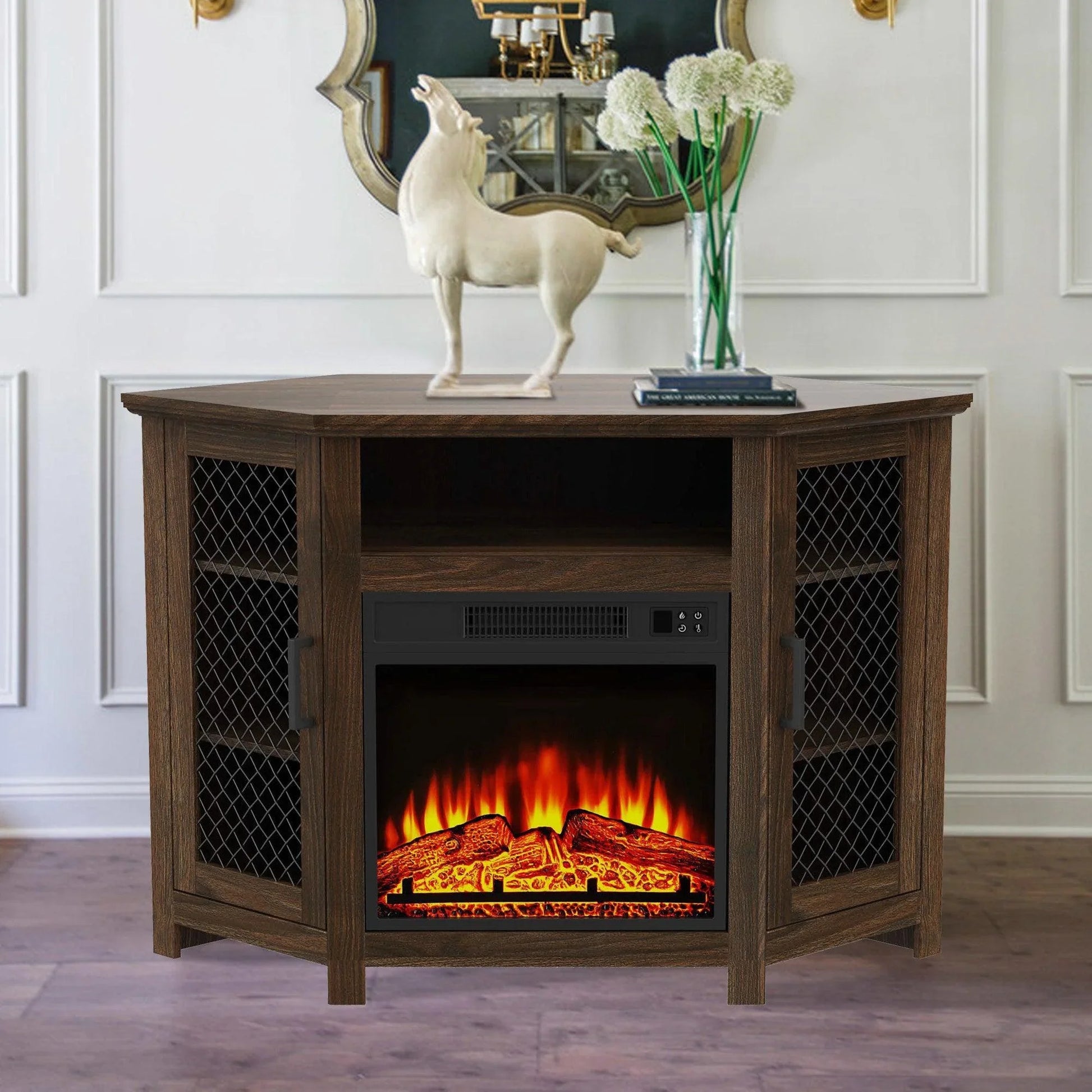 Parrot Uncle Furniture 45" Corner Electric Fireplace TV Stands Console Table with 2 Metal Mesh Doors - ParrotUncle