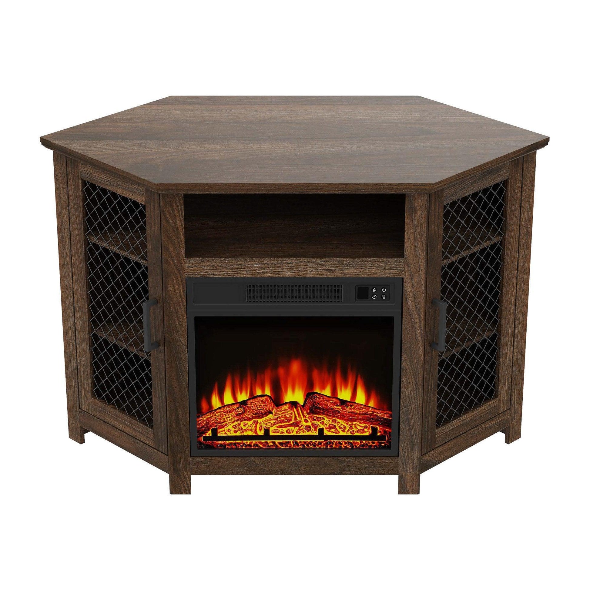 Parrot Uncle Furniture 45" Corner Electric Fireplace TV Stands Console Table with 2 Metal Mesh Doors - ParrotUncle