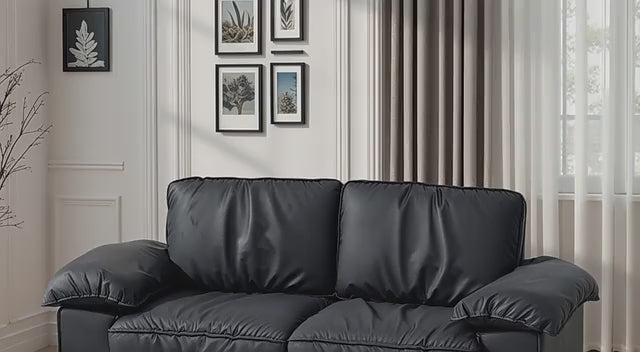 Load video: 78.74&quot; Black Faux Leather Compact Loveseat – 2-Seat Space-Saving Couch with Hidden Storage for Small Apartments/Studios