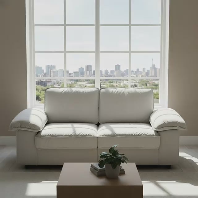Load video: 78.74&quot; Space-Saving Storage Loveseat – Cream White Tow-Cushion Contemporary Couch with Hidden Storage for Living Rooms/Small Homes