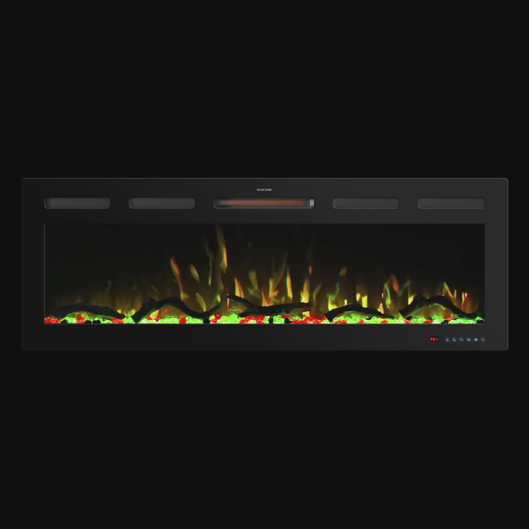 Load video: This electric fireplace supports recessed/wall mounting, with remote, touch screen, 13 flame colors, base lights