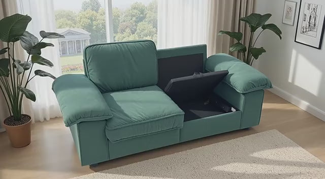 Load video: 78.74&quot; Green Velvet Compact Loveseat – 2-Seat Space-Saving Couch with Hidden Storage for Small Apartments/Studios