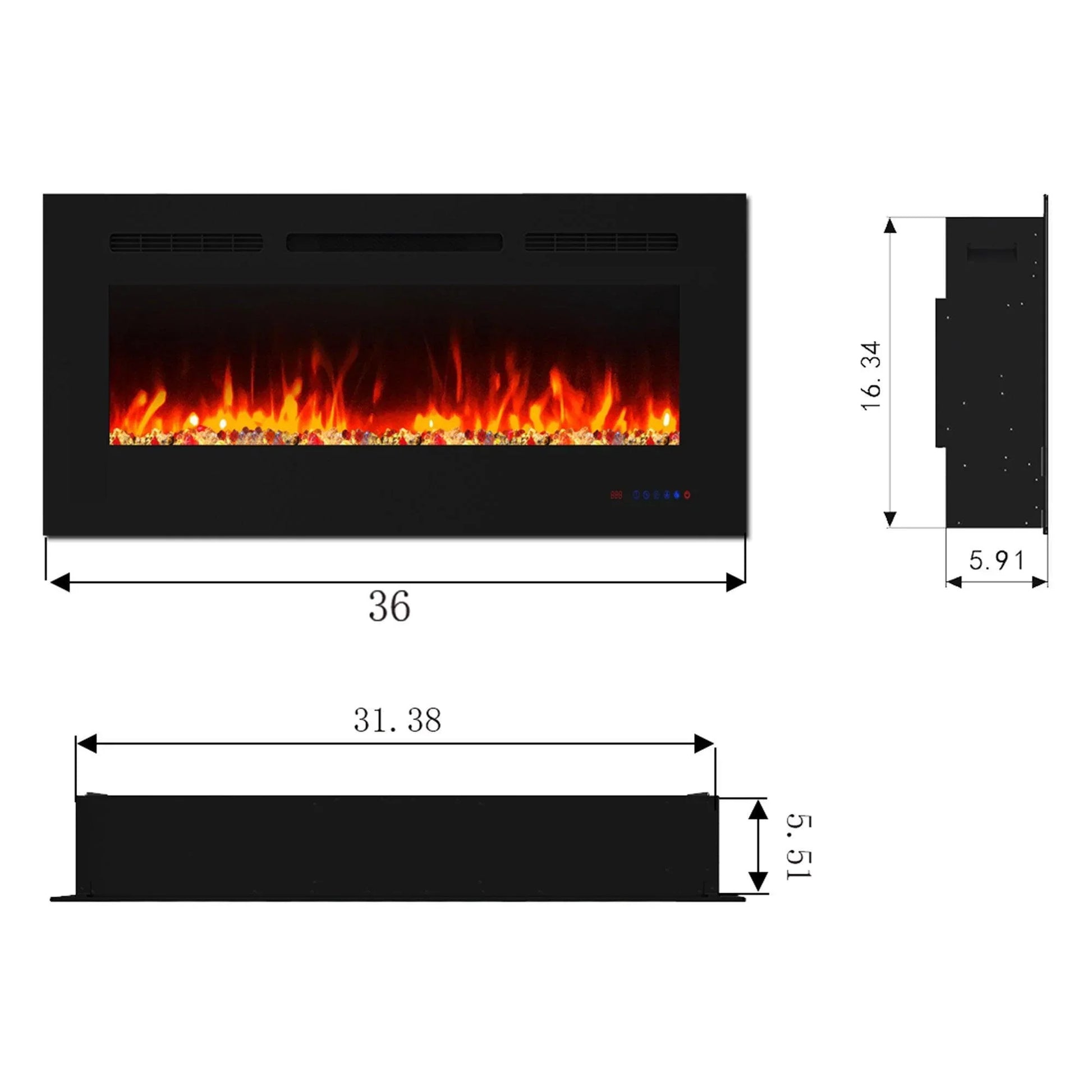 Wall Electric Fireplace with Remote Control and Touch Screen in 13 Flame Colors and Base Lights - Vanub