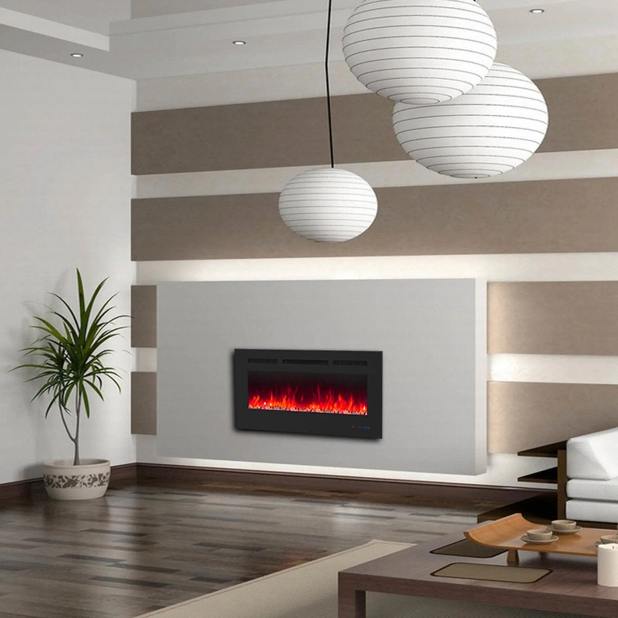 Wall Electric Fireplace with Remote Control and Touch Screen in 13 Flame Colors and Base Lights - Vanub