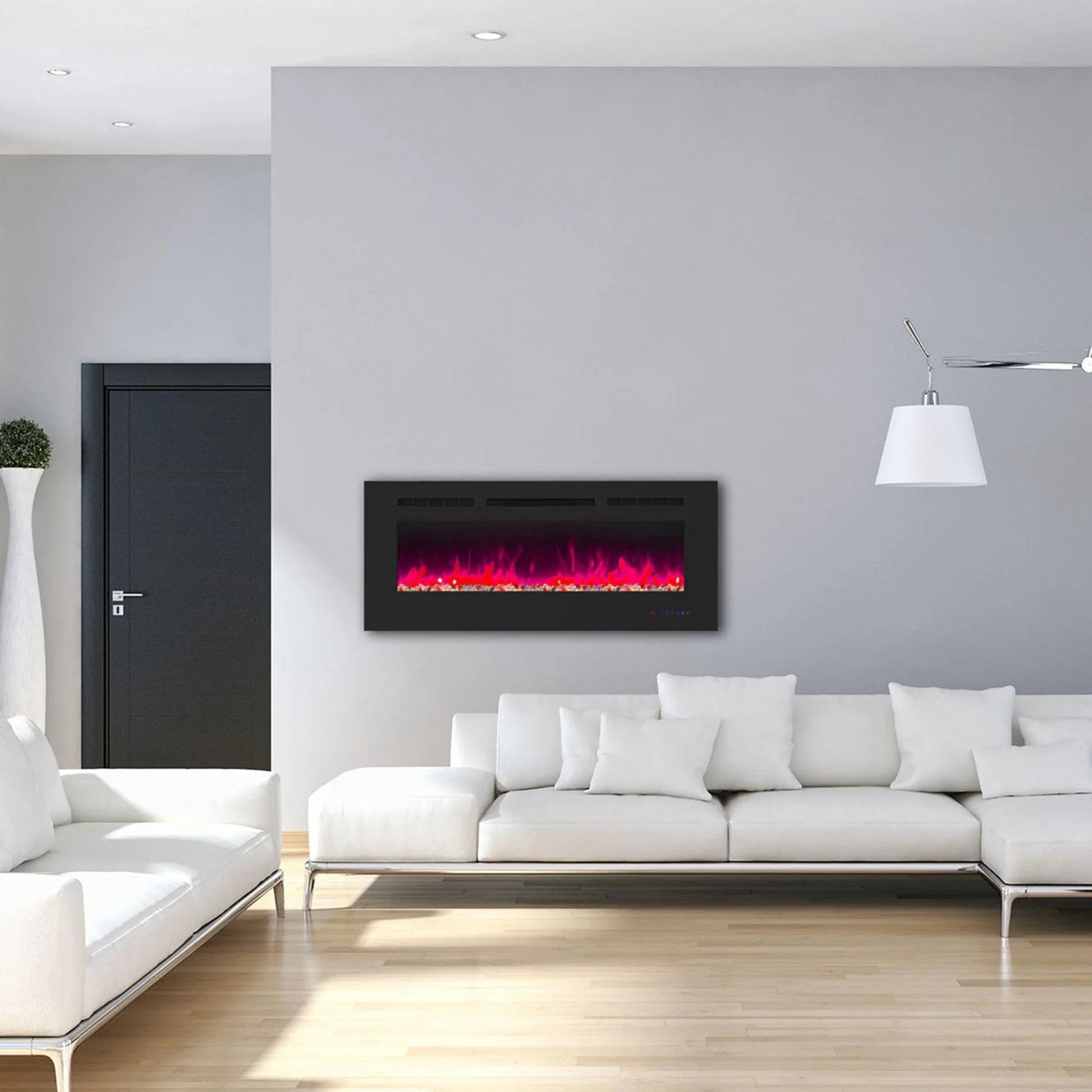 Wall Electric Fireplace with Remote Control and Touch Screen in 13 Flame Colors and Base Lights - Vanub