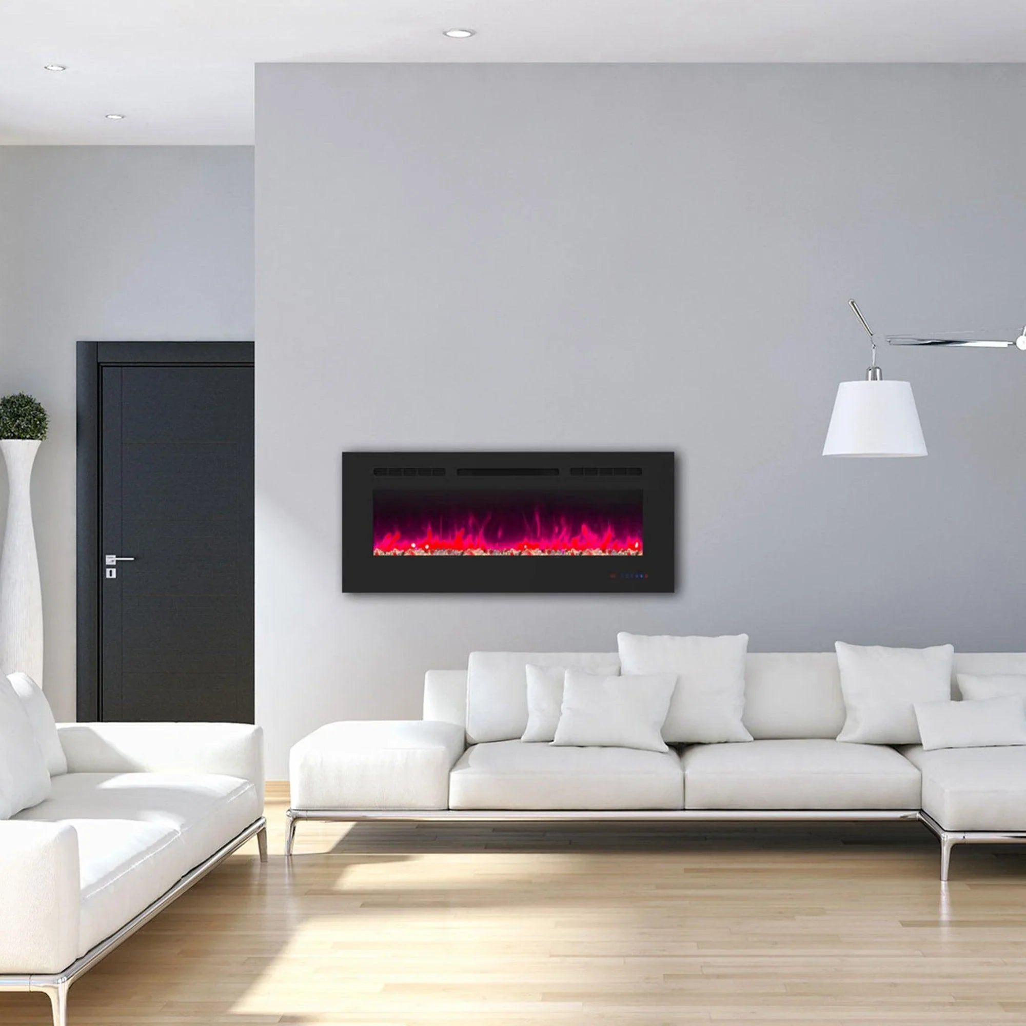Wall Electric Fireplace with Remote Control and Touch Screen in 13 Flame Colors and Base Lights - Vanub