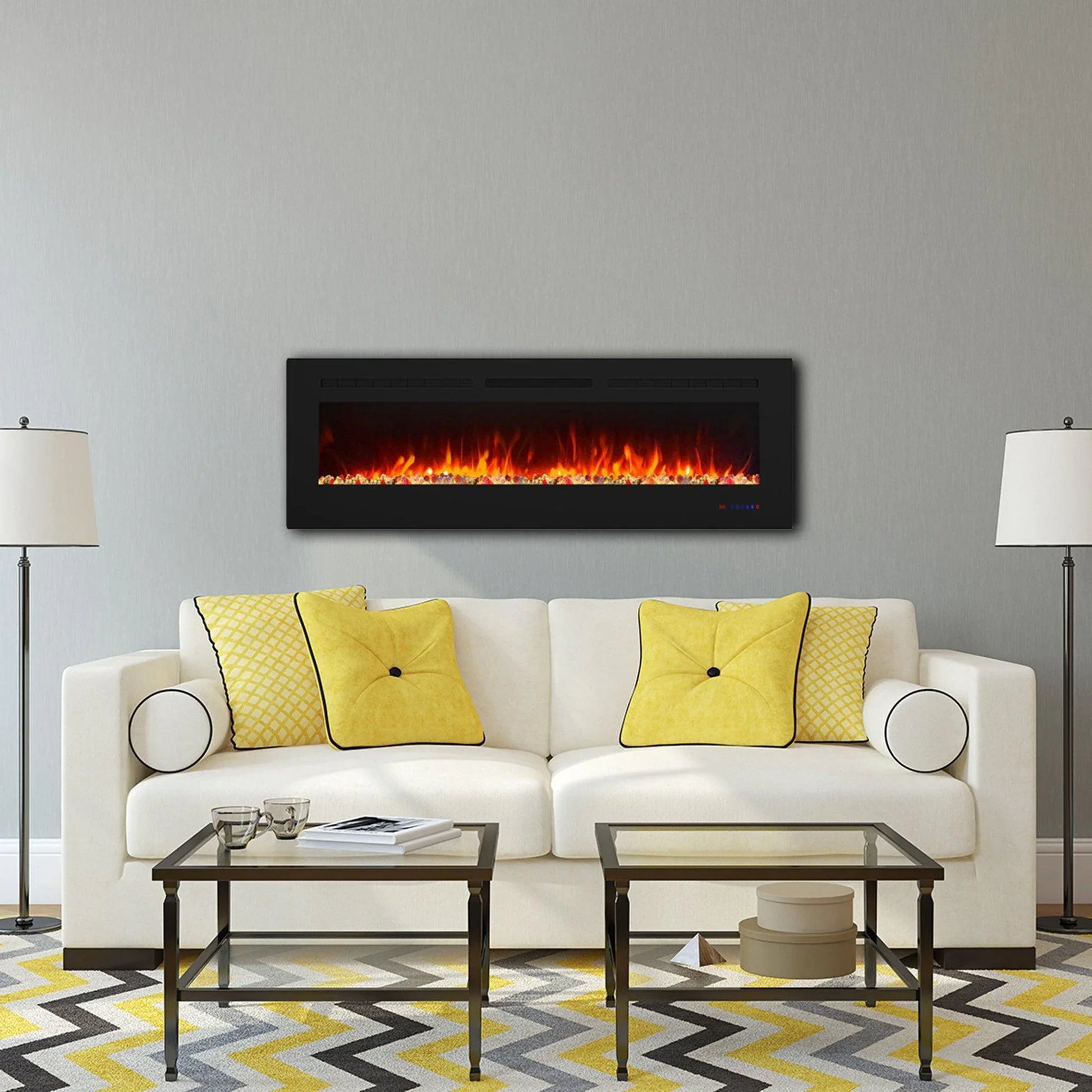 Wall Electric Fireplace with Remote Control and Touch Screen in 13 Flame Colors and Base Lights - Vanub