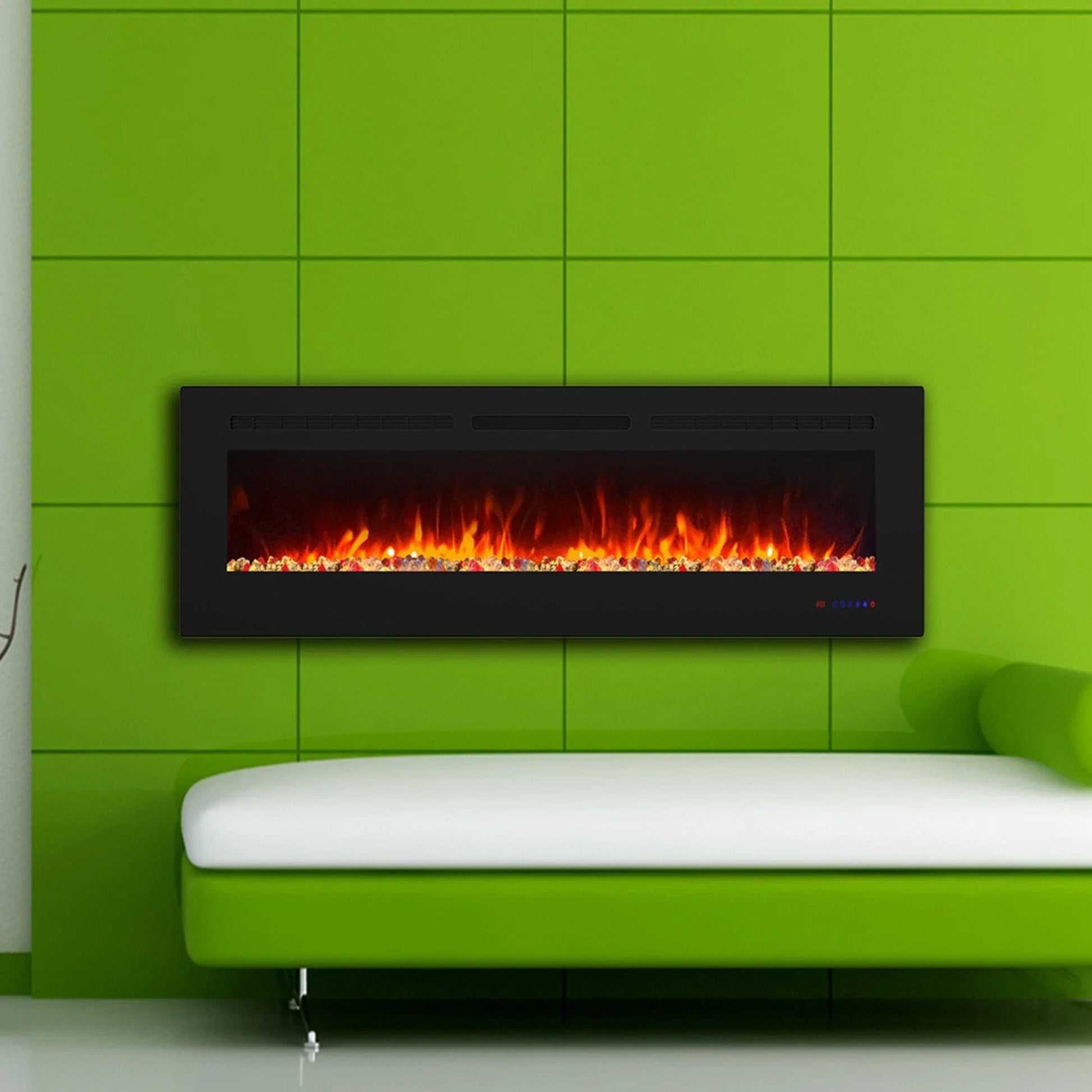 Wall Electric Fireplace with Remote Control and Touch Screen in 13 Flame Colors and Base Lights - Vanub