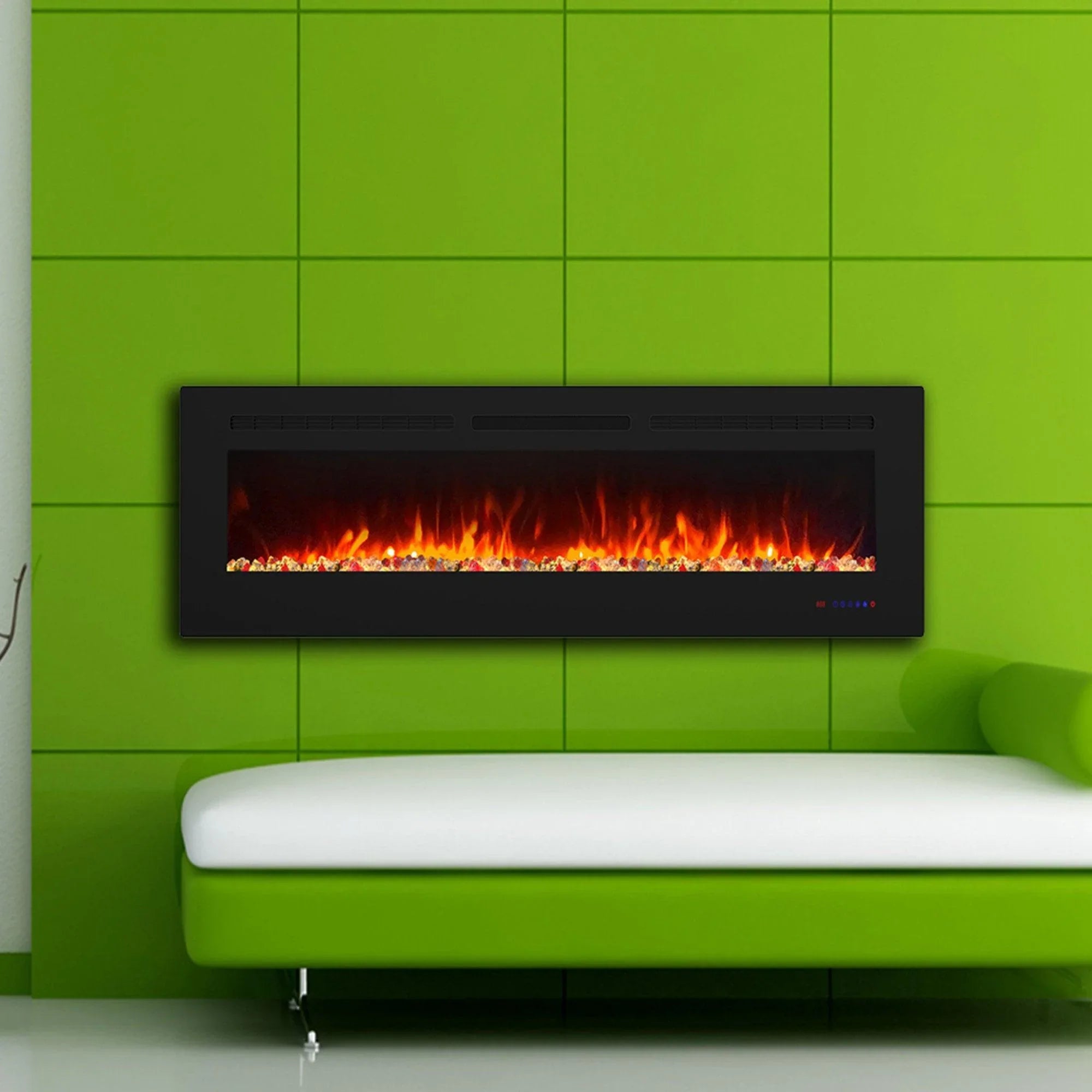 Wall Electric Fireplace with Remote Control and Touch Screen in 13 Flame Colors and Base Lights - Vanub