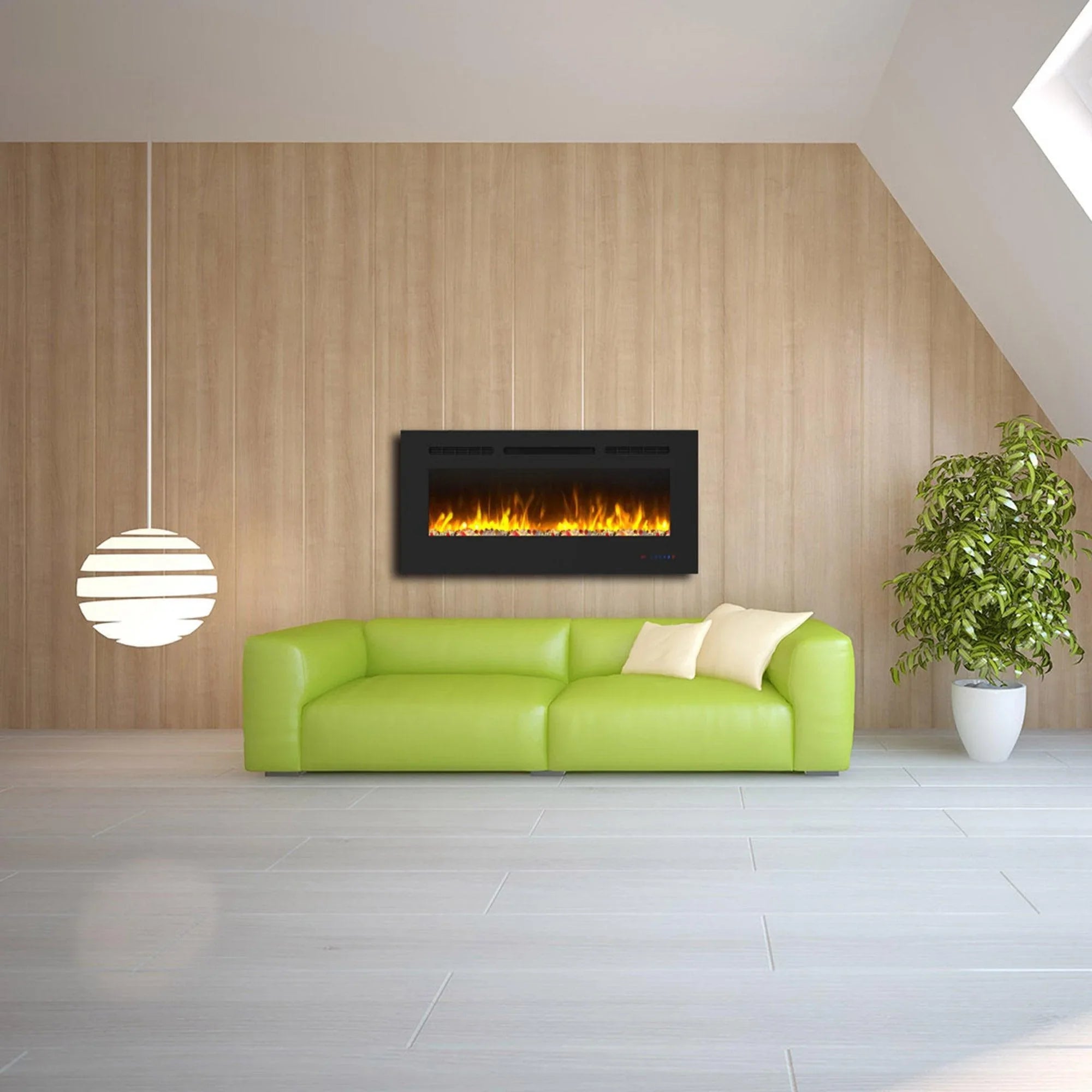 Wall Electric Fireplace with Remote Control and Touch Screen in 13 Flame Colors and Base Lights - Vanub