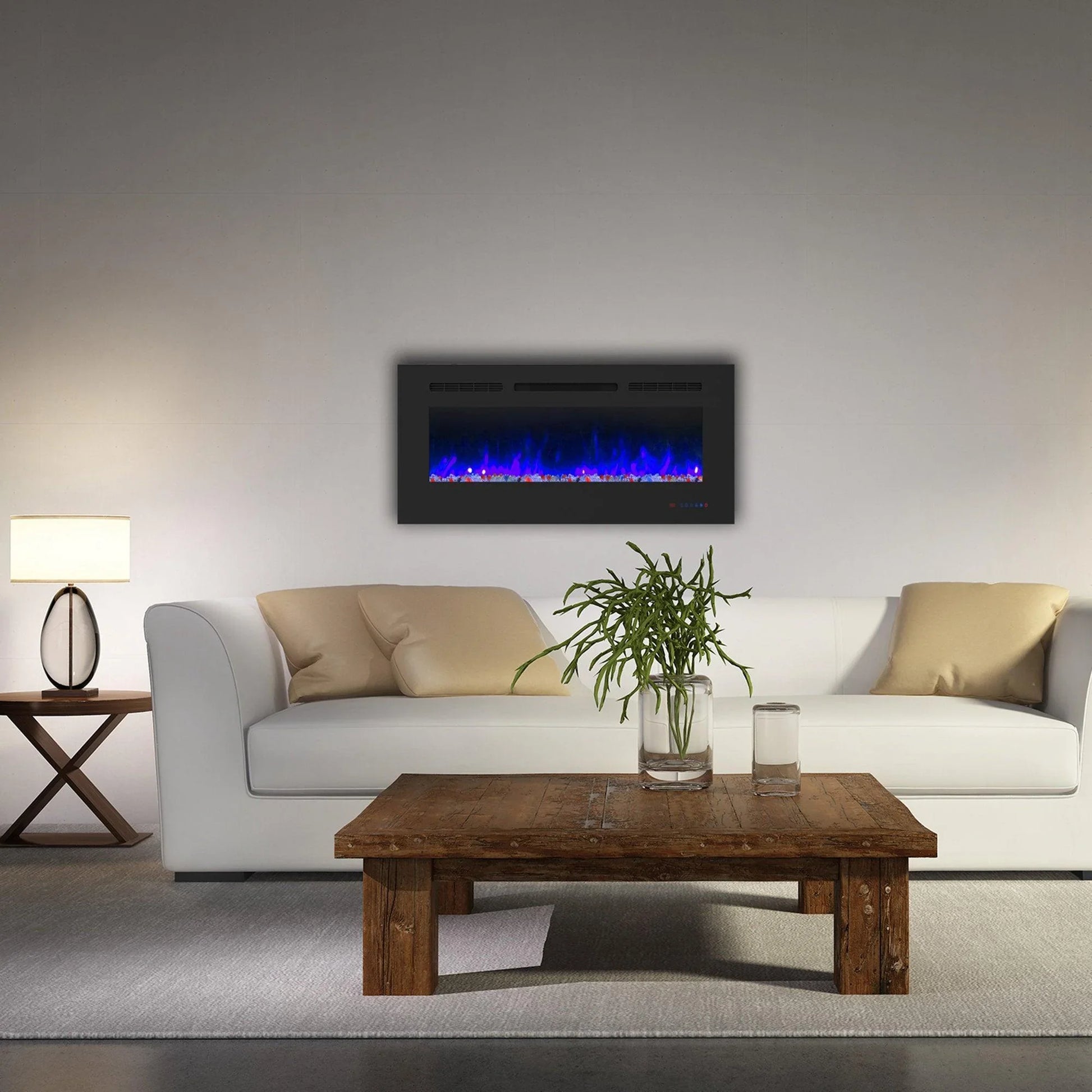 Wall Electric Fireplace with Remote Control and Touch Screen in 13 Flame Colors and Base Lights - Vanub