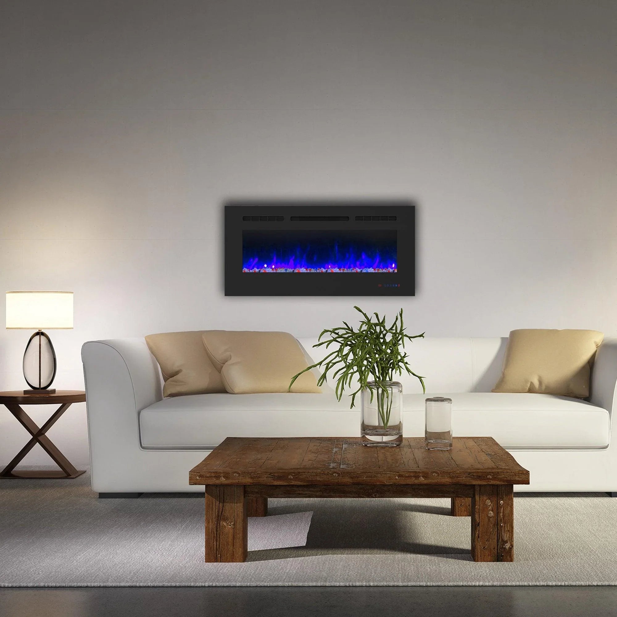 Wall Electric Fireplace with Remote Control and Touch Screen in 13 Flame Colors and Base Lights - Vanub