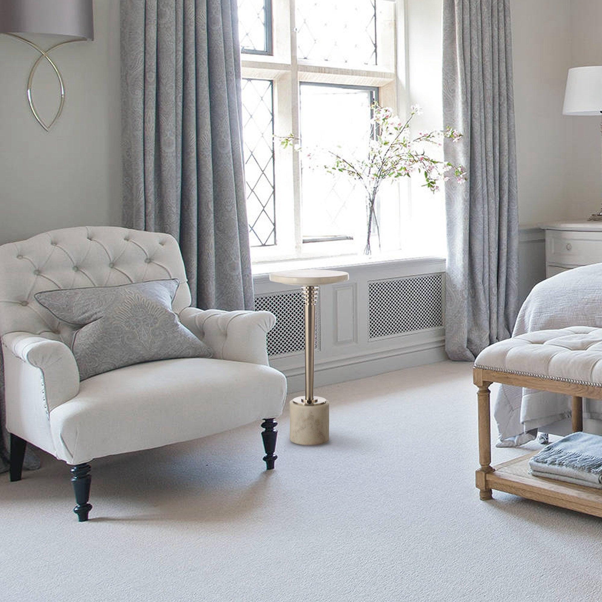 White Marble & Metal Table, Pedestal Base, Modern Accent Design